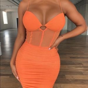 Neon Orange Bustier Mesh Top Mini Dress